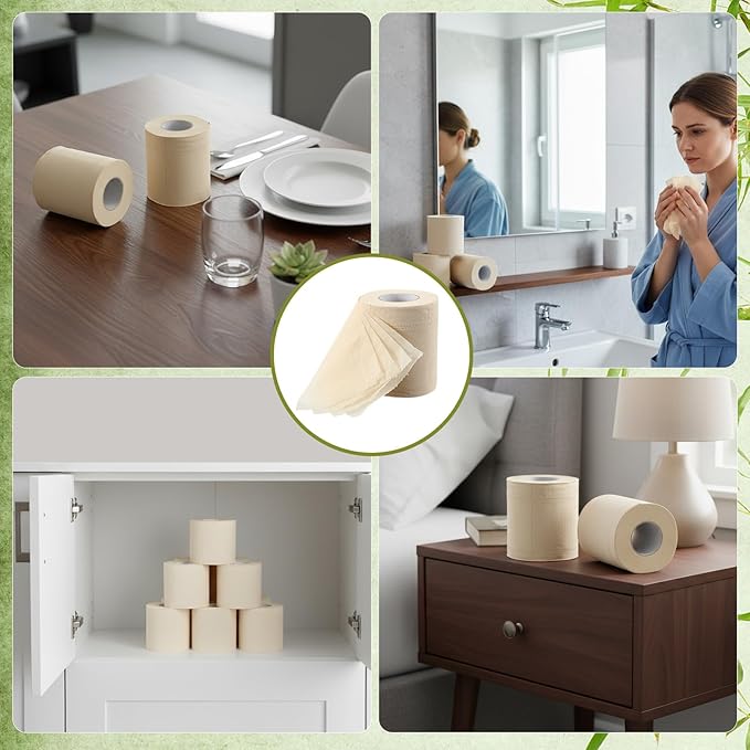 Bamboo Toilet Paper, 4 Ply 60 Rolls, Unbleached, Strong & Soft Toilet Tissue Bulk, Chemical Free Bathroom Tissue Rolls