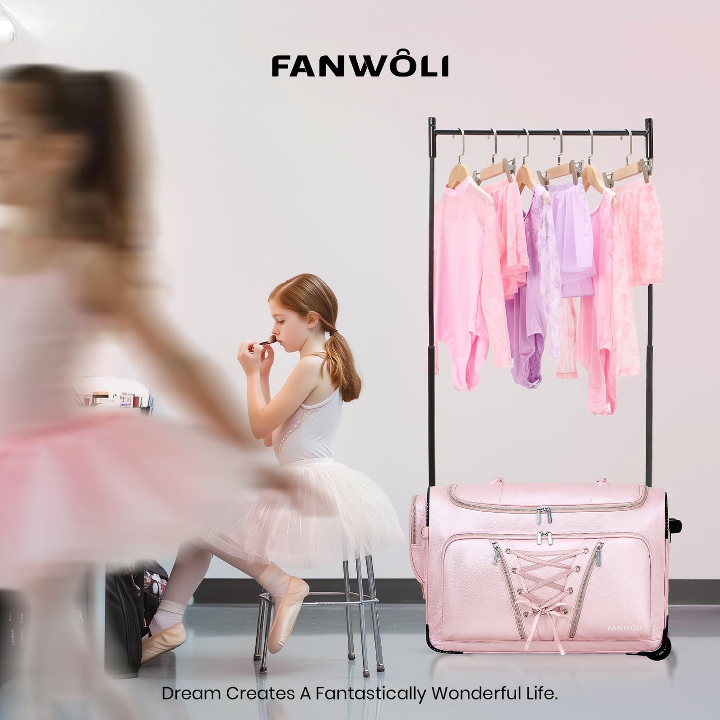 Fanwoli 23" Dance Bag with Garment Rack | Luminous Poise Collection | Waterproof Textured Shimmer | Competition Travel Duffel Luggage for Cheer, Skating, Gymnastics & Sleepover | Stardust Pink
