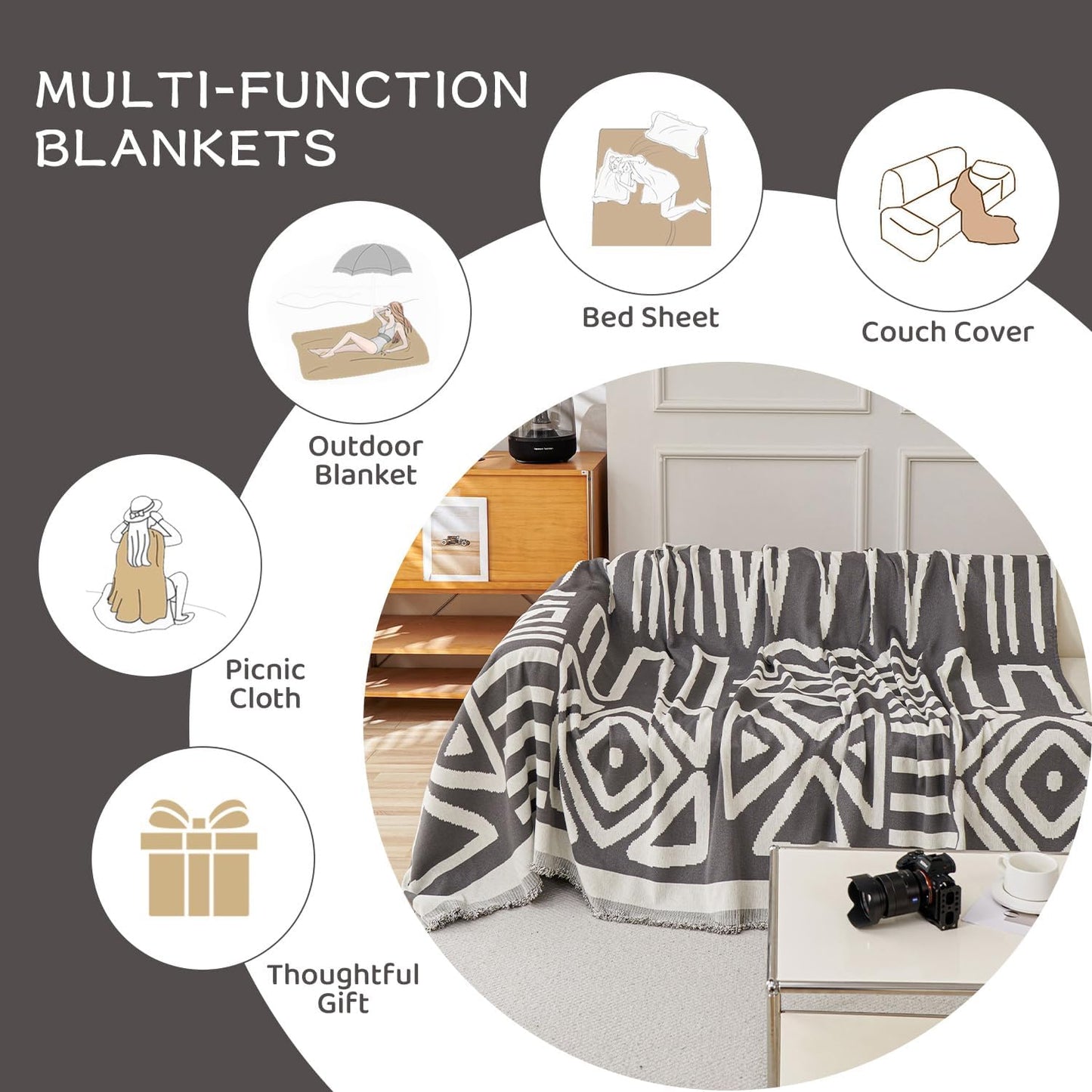 STACYPIK Simple Dark Grey Boho Sofa Cover for Sectional Soft Tassel Chenille Couch Cover for 3 Cushion Couch Reversible Loveseat Cover for Dogs Cats Non-Silp Furniture Cover Multi-Use Blanket-91x118IN