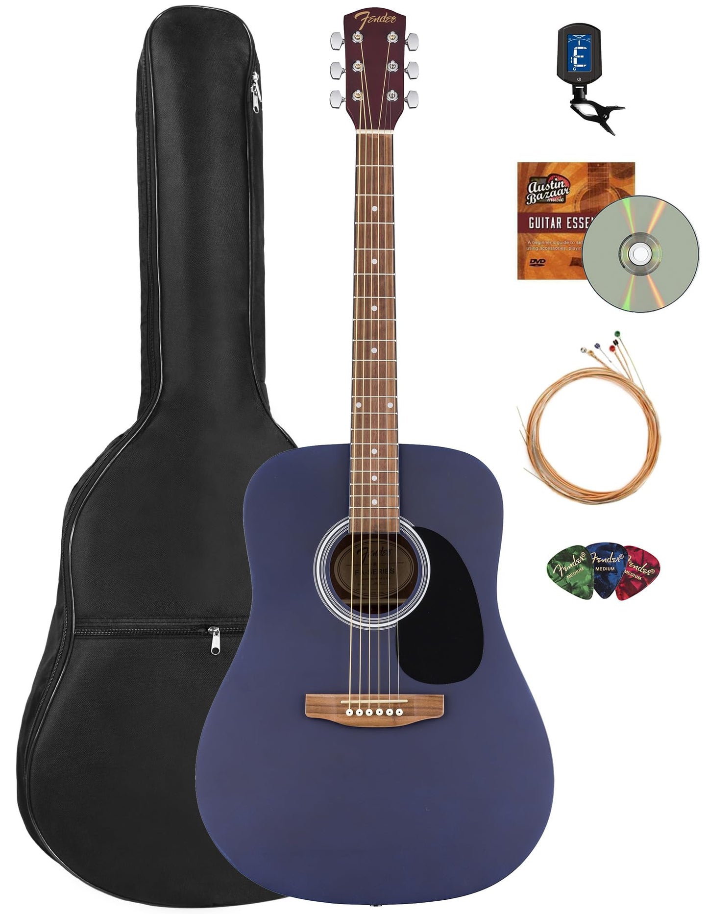 Fender FA Series Dreadnought Acoustic Guitar - Saphire Blue Bundle with Gig Bag, Tuner, Strings, Picks, and Austin Bazaar Instru