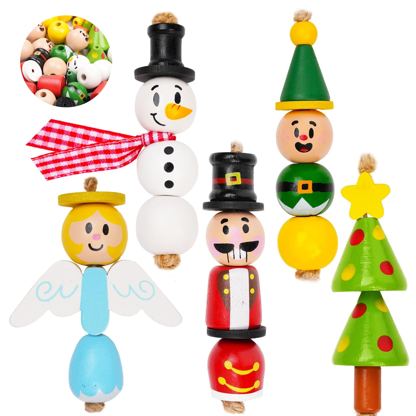 JOYIN 202 Pcs Christmas Wooden Beads Craft Kit, DIY Wood Bead Printed Ornaments Make Snowman, Santa Claus, Angel, Nutcracker, Tree for Christmas Hanging Decoration Holiday Xmas Art Activities for Kids