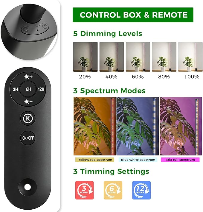 Grow Lights for Indoor Plants with Timer, Full Spectrum Grow Lights with 192 LEDs, Vertical Plant Light, Standing Plant Lamp, 60", 5 Level Dimmable