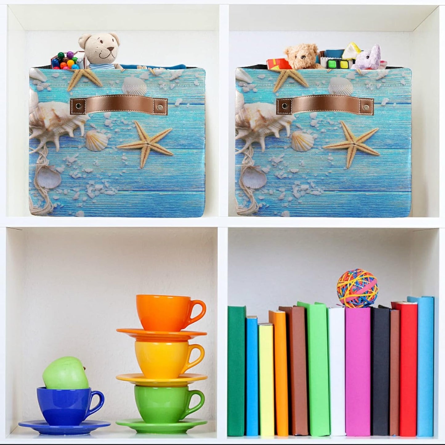 Summer Beach Wooden Starfish Storage Basket Bins, Ocean Nautical Decorative Baskets Storage Box Collapsible Storage Cubes Organizer with Handles for Nursery Shelf Closet Office Home Bedroom,1