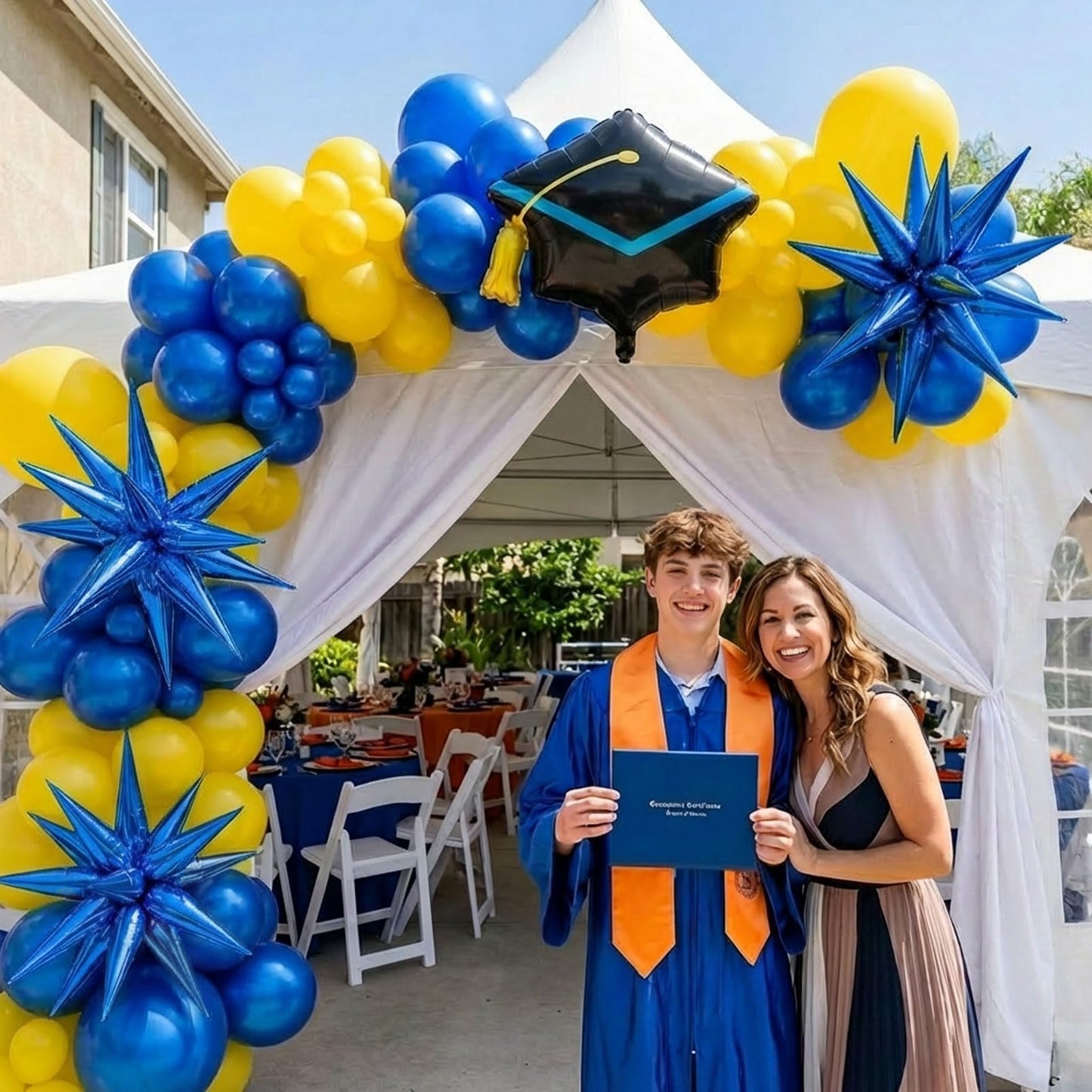 kozee royal blue and yellow balloon garland arch kit 150+pcs with graduation cap Blue star mylar balloons for Men birthday 2026 Graduation Ceremony Prom decorations