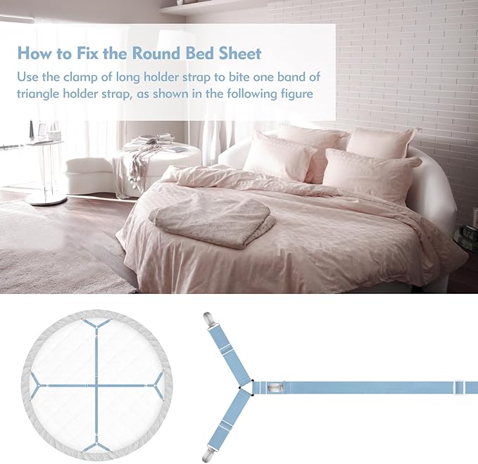 Bed Sheet Holder Straps, 4+2 Pcs Adjustable Mattress Sheet Clips, Bed Sheet Fasteners Elastic Sheet Suspenders to Keep Bed Sheet in Place for Different Beds (Blue)