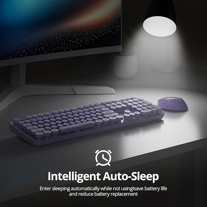Wireless Keyboard and Mouse Set, Retro Typewriter Keyboards, 2.4GHz Full Size 104-Key Cute Keyboard with Number Pad, Colorful Keyboard with Round Keycaps for Windows PC Laptop(Purple)