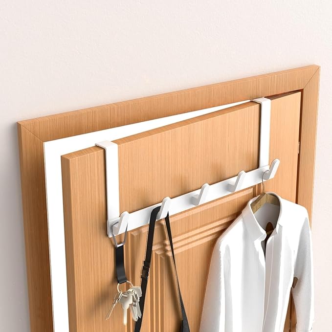 Over The Door Hooks Hanger with Extended Arms, Fits 1 3/8" Doors, L7U - Coat Rack, Bathroom Accessories and Towel Organizer Holder for Coat Robe Hat - 1 Pack, White