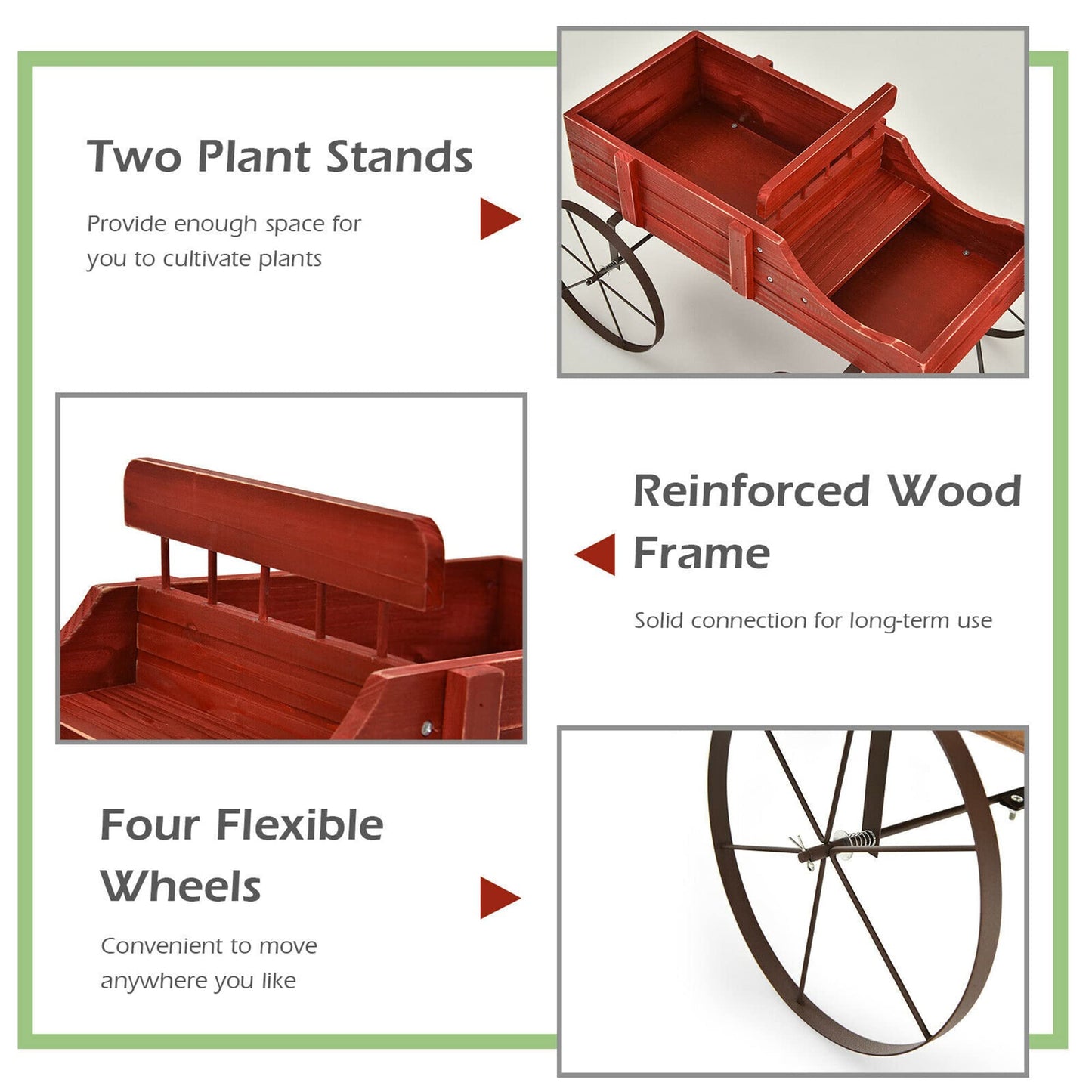 DORTALA Wood Wagon Planter, Outdoor Garden Flower Planter Cart with Wheels, Small Decorative Wood Raised Bed Plant Pot Box Stand for Backyard, Patio, Balcony, Red