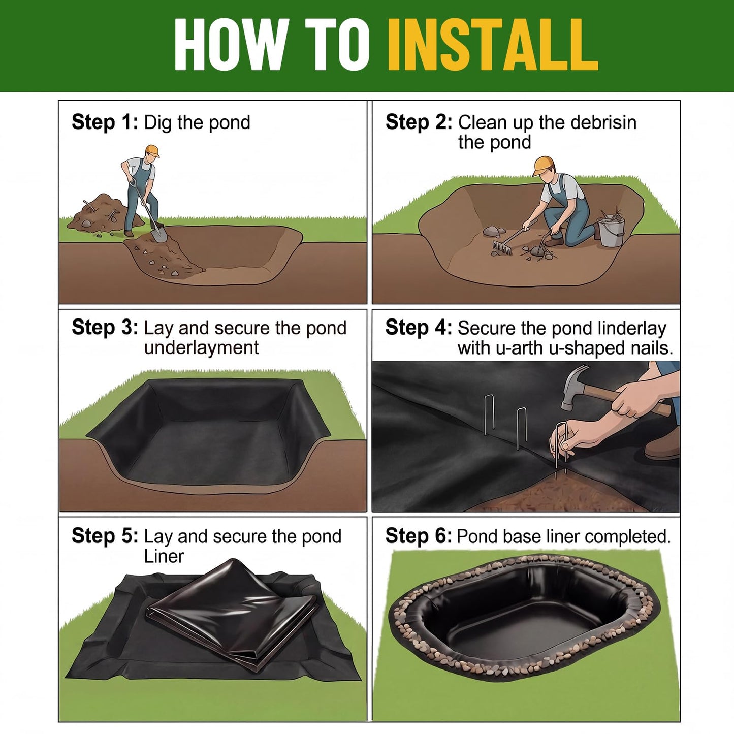 Fanfanwin 20 x 20 ft Pond Liner Underlayment 6oz Heavy Duty Black Non Woven Geotextile Underlayment Fabric with 10 U-pins for Outdoor Pond Streams Fountains Garden Waterfalls Fishpond Weed Barrier