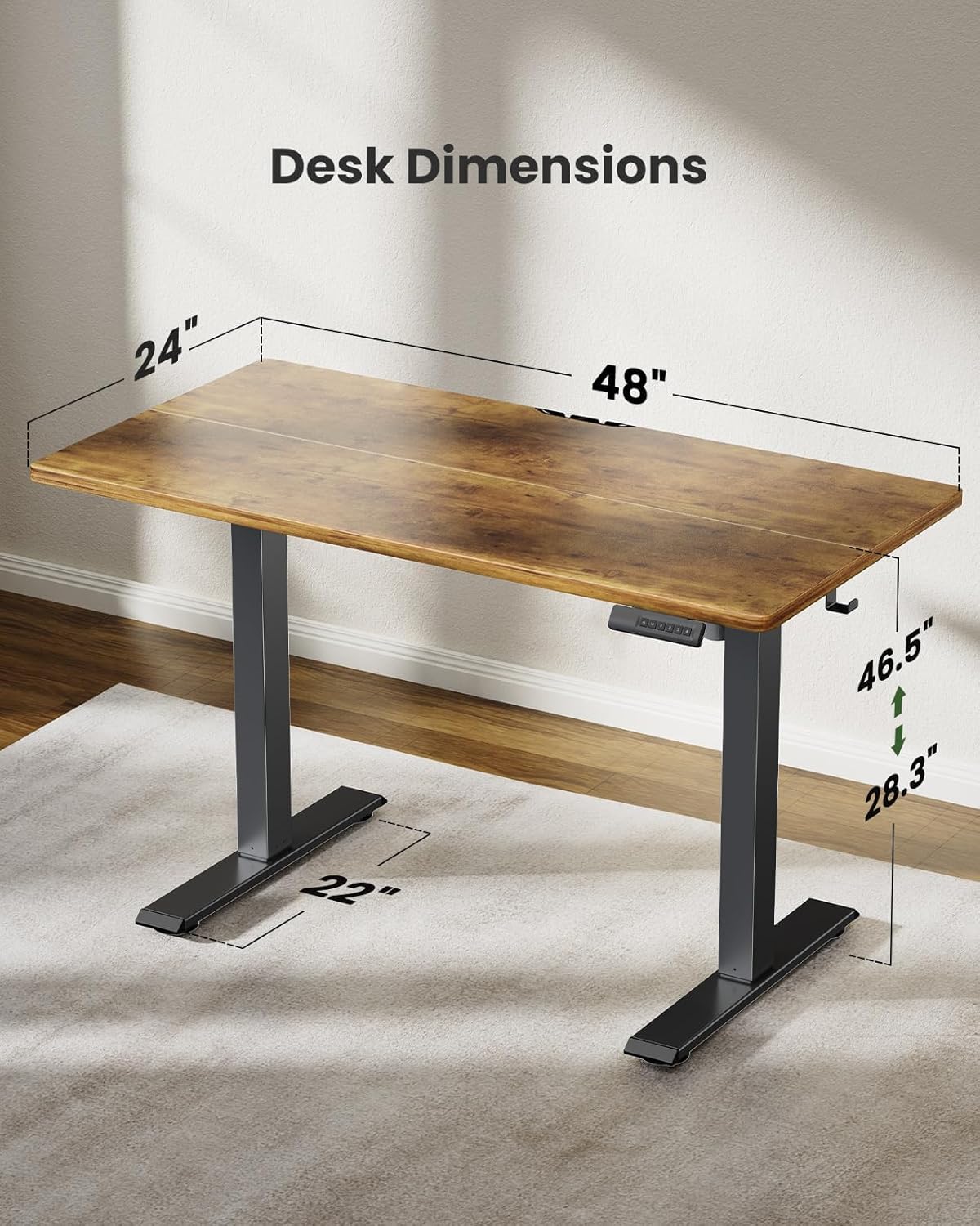 Marsail Standing Desk Adjustable Height Stand up Home Office Desk, 48x24 Inch Electric Standing Computer Desk, with 4 Memory Presets, Headphone Hook,Cable Organizer, Rustic Brown