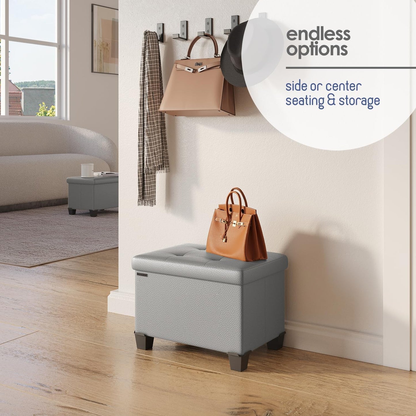 STORAGEBUD Storage Ottoman Cube with Small Bin, 16-in Square Ottoman with Storage for Living Room and Bedroom, Small Ottomans Foot Rest, Faux Leather Foot Stools Ottomans Max 330lbs, Light Grey