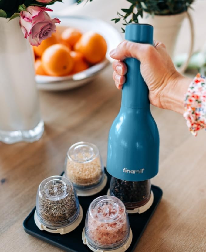 FinaMill Classic Battery Spice Mill – Battery Operated Salt and Pepper Grinder Set, Includes 2 Interchangeable Spice Pods, Adjustable Coarseness, Ceramic Grinder, LED Light, Kitchen Gifts for Women