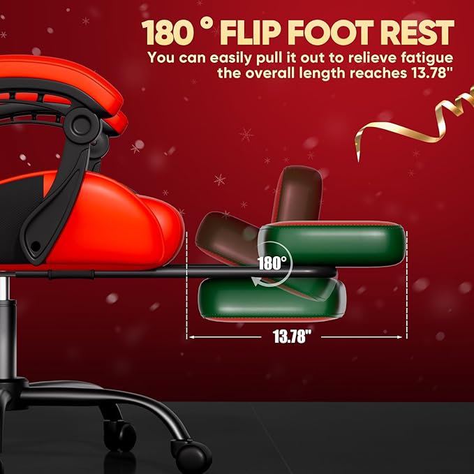 Gaming Chair, Lumbar Support Massage Computer Chair, High Back Gamer Chair, with Footrest and Headrest, Lumbar Pillow, Recline, Wide Seat, Gaming Chairs for Christmas/Birthday Gifts, Red