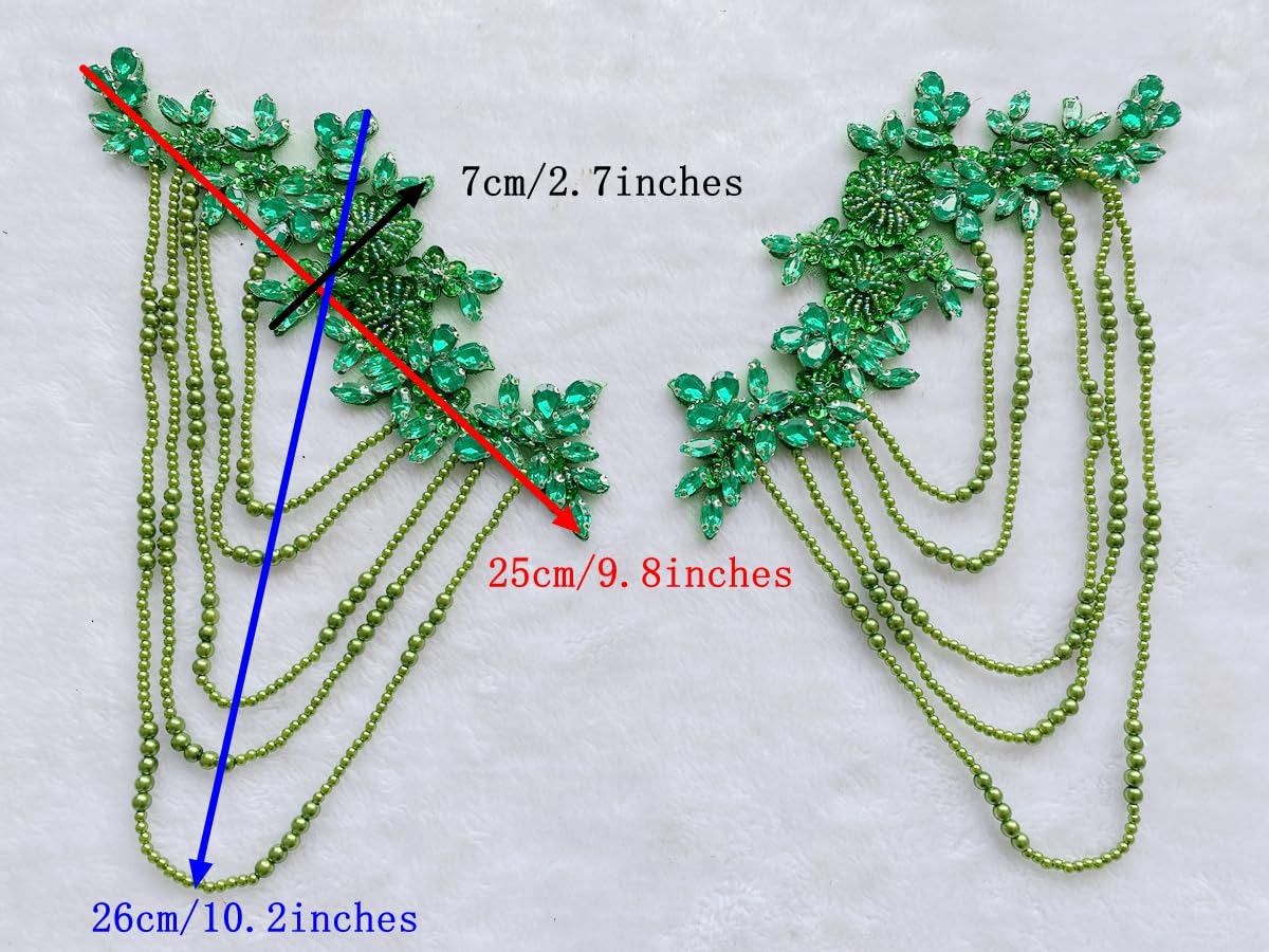 1 Pair Beaded Rhinestones Applique Embellishment for Clothes Epaulettes Shoulder Patches Sew-on Diamond Sequin Tassels Applique for Wedding Dress DIY Accessories 9.8X10.2inches (Champagne)