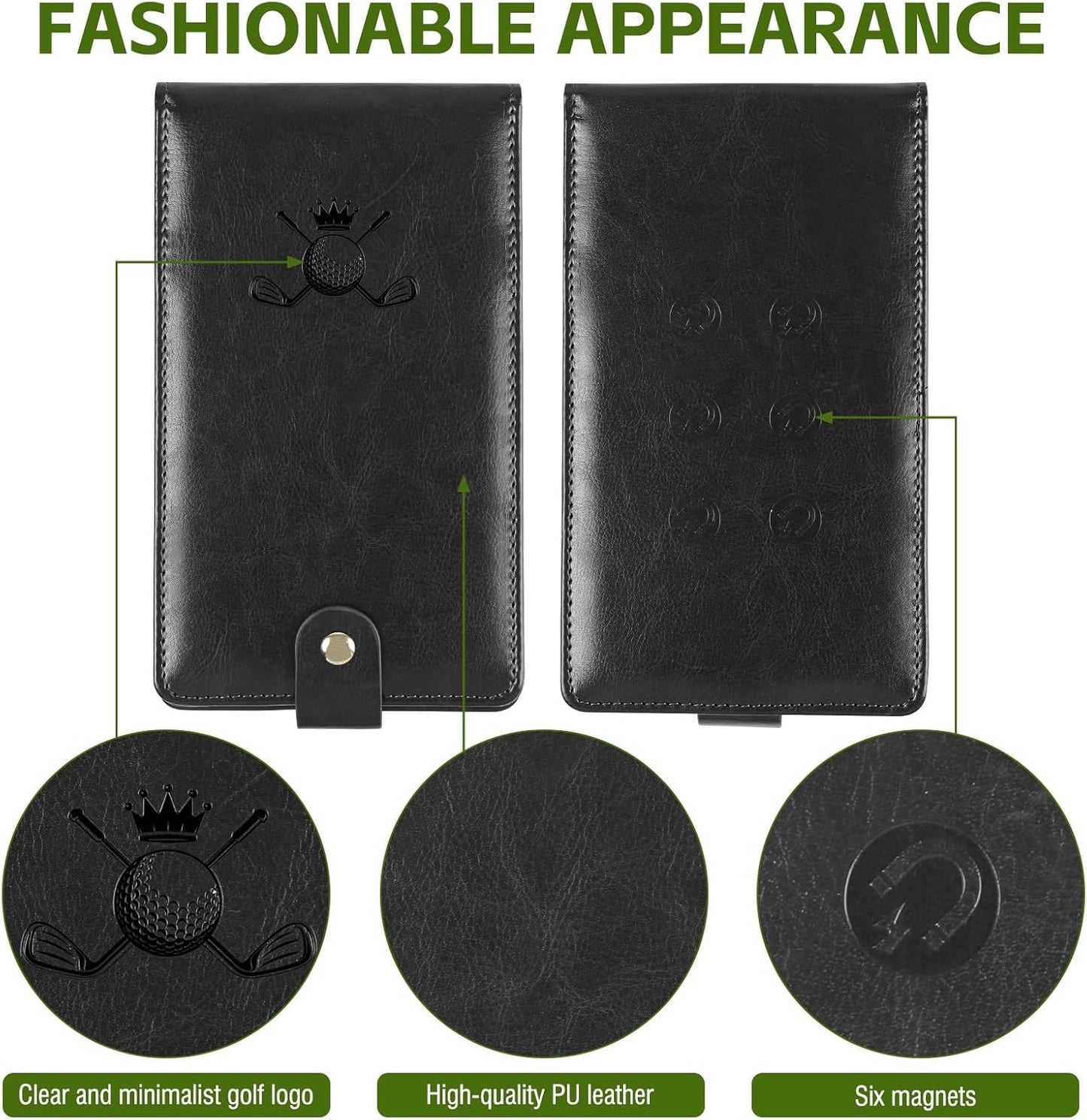 Archerest Magnetic Golf Scorecard Holder, 7.48" x 4.33" Premium Leather Yardage Book Cover Golf with A Pencil and Five Double Sided Printed Scorecards, Golf Accessories and Scorecard Book