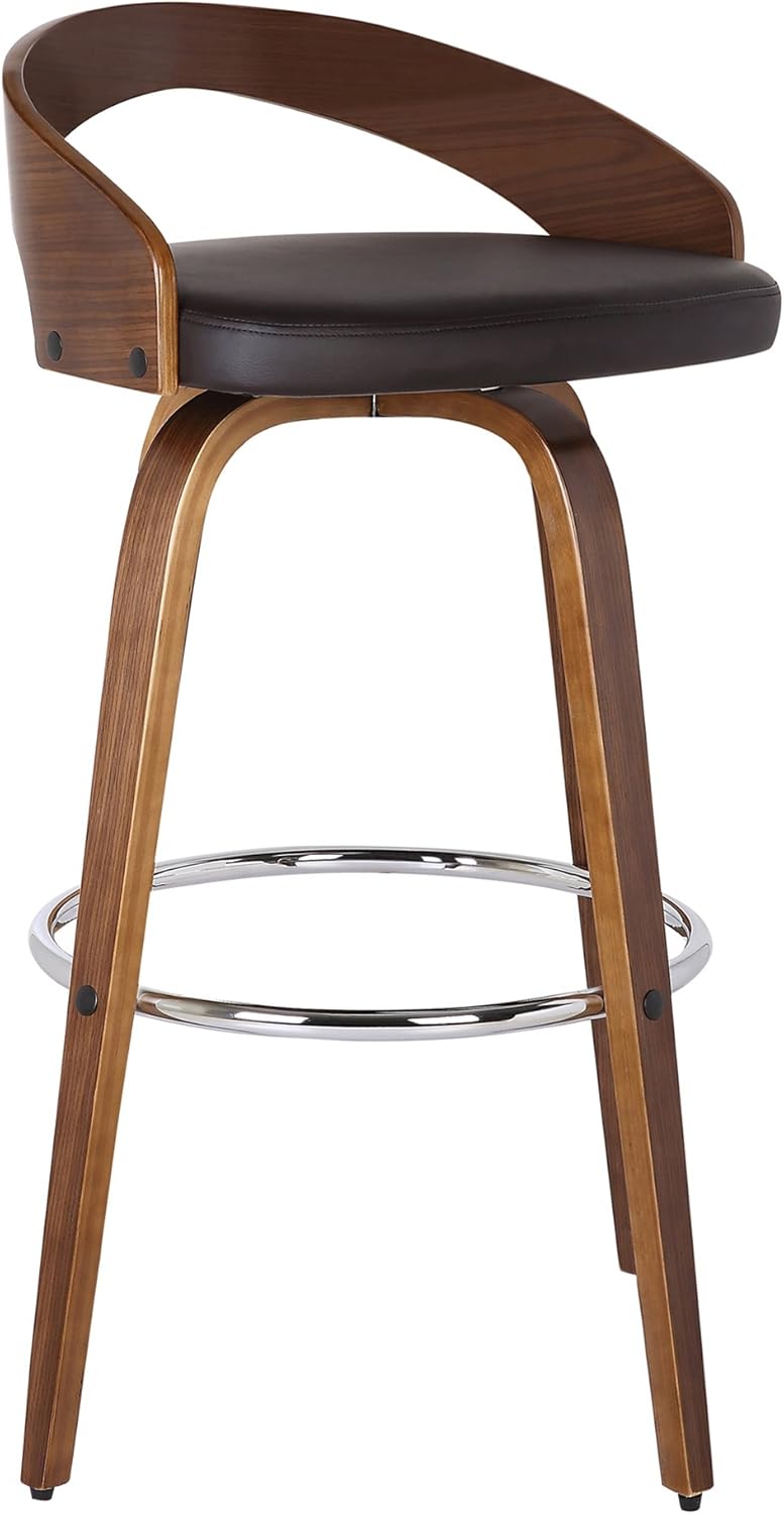 Armen Living Sonia 30" Bar Height Swivel Brown Faux Leather and Walnut Wood Bar Stool - Set of 2