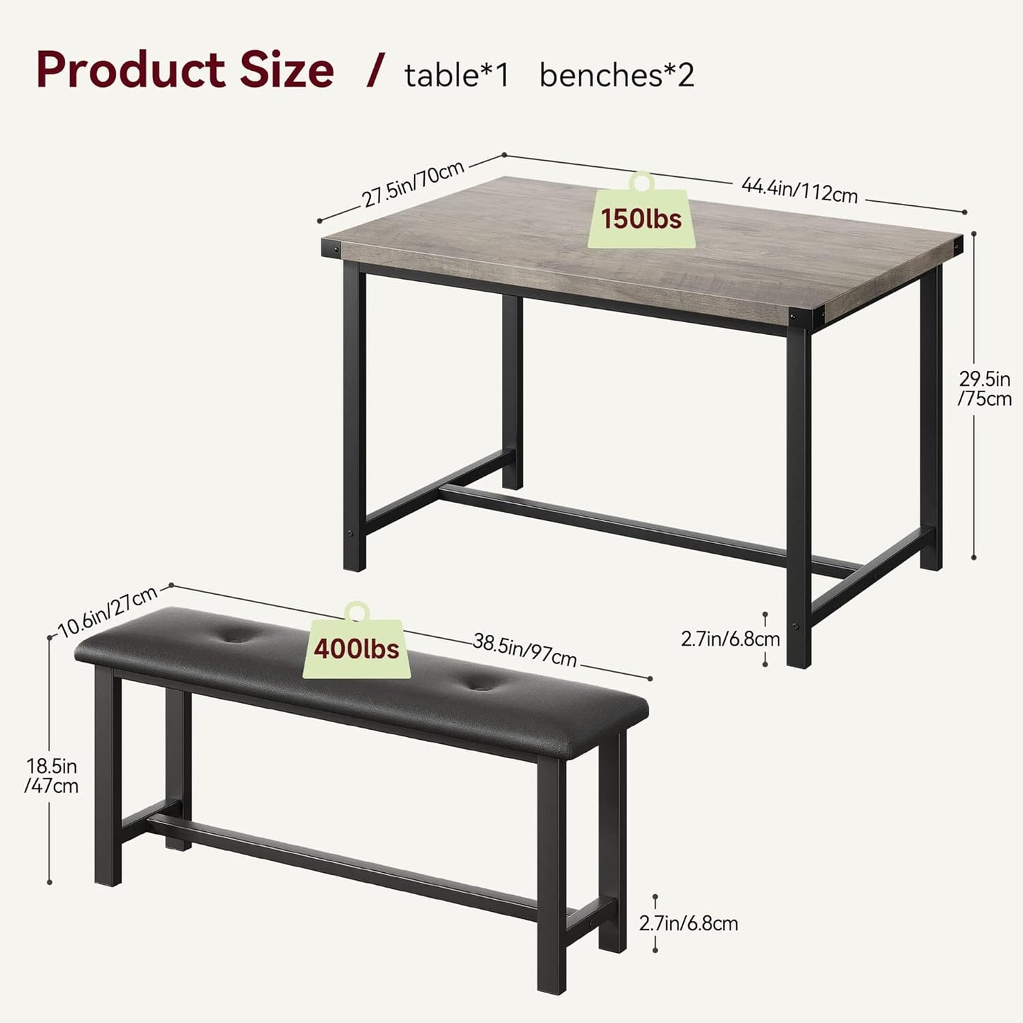 Garvee Dining Table with 2 Benches, Kitchen Table with 2 Upholstered Benches Rectangular Space Saving for Apartment, Dining Room, Kitchen, 44.5 Inches Large, Grey