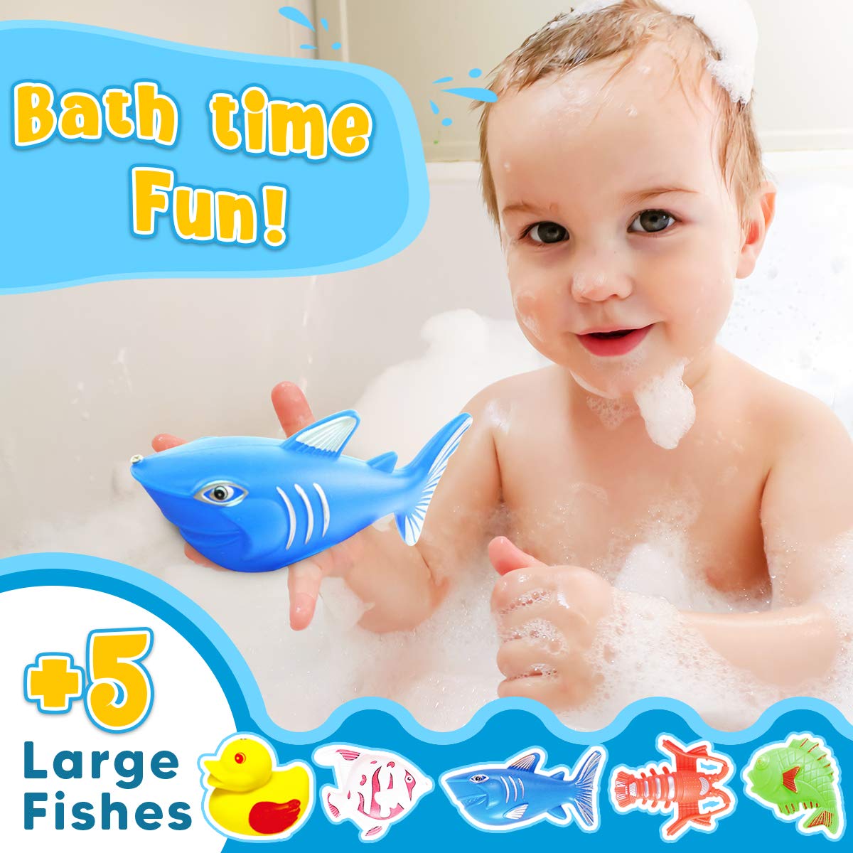 Goody King Magnetic Fishing Game Pool Party Pole Rod Net - Bathtub Outdoor Indoor Carnival Party Water Table Fish 4 Players Gift Age 3-5 6 4-8 (Large)