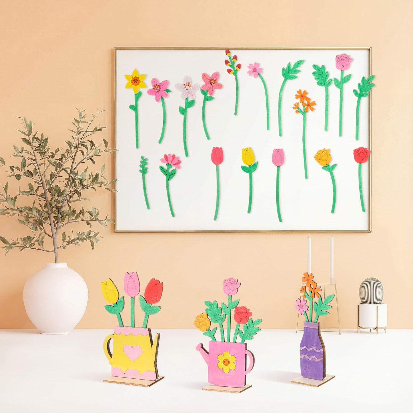 DoubleFill 34 Pcs Wooden Flowers DIY Craft Kit Self Standing Wood Spring Crafts Unfinished Wood Flower Slices Spring Flower Ornament to Paint Cute Tabletop Decor for Party Gift Activities Art Project