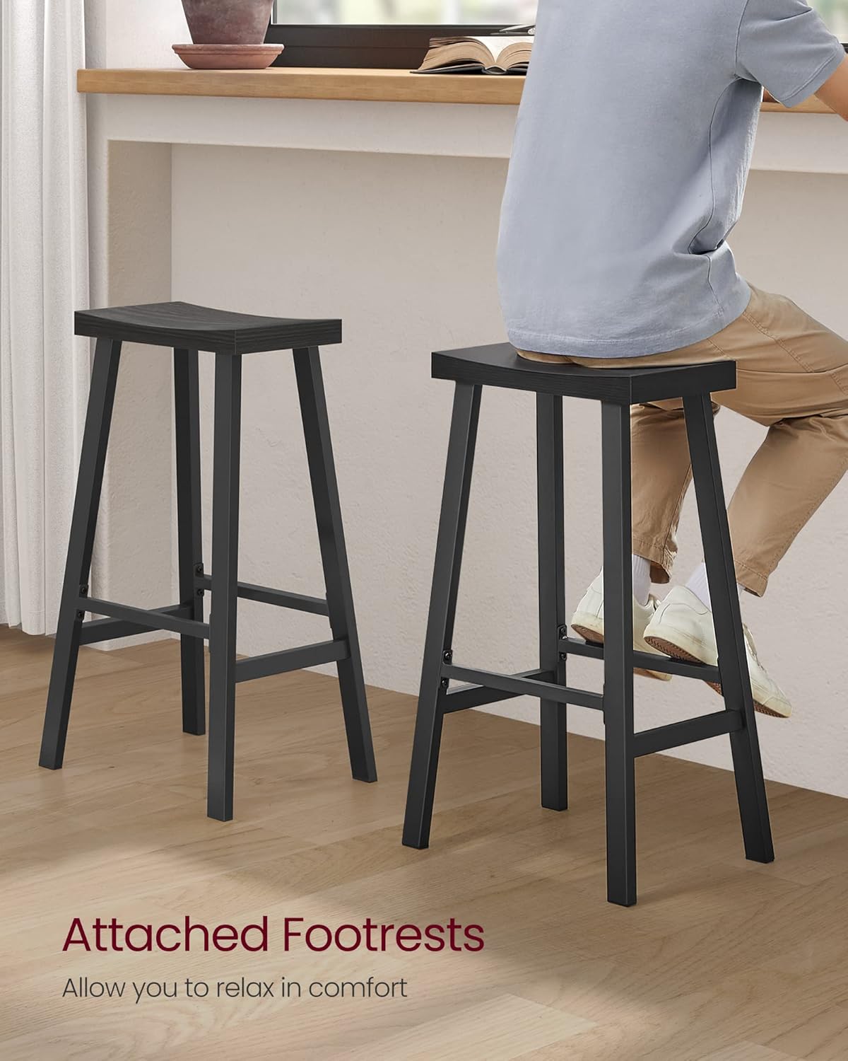 VASAGLE Bar Stools Set of 2, Counter Height Stools, Bar Chairs with Footrest, 29.1 Inches Tall Kitchen Breakfast Stools, Industrial, Living Room Party Room, Black ULBC094B56