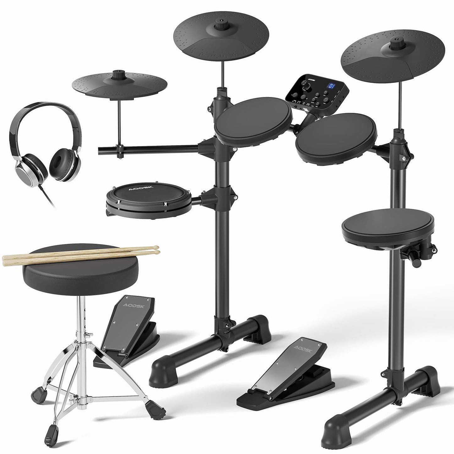 AODSK Electric Drum Set for Beginner with 150 Sounds,4 Quiet Drum Pads,2 Pedal,Throne,Sticks,Electronic Drum with Headphone,AED-