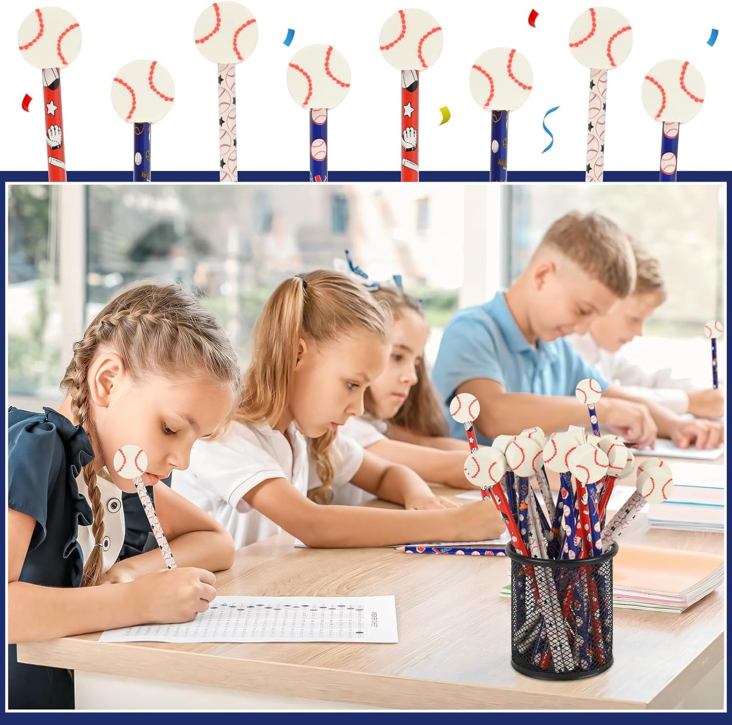 48 Pcs Baseball Pencils and Erasers for Birthday Gifts Baseball Favors Assortment Stationery Pencils for Students Office School Supplies Classroom Rewards.