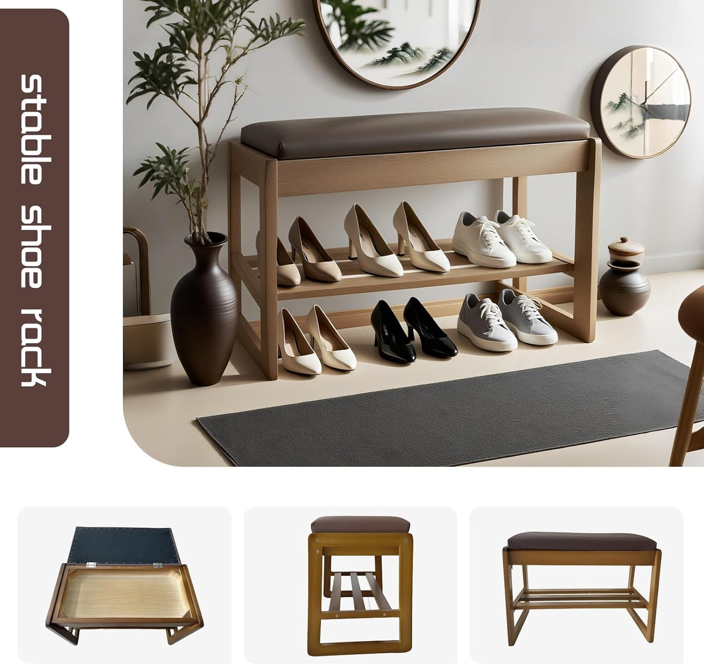 2-Tier Wood Shoe Bench with Flip-Top Storage Cabinet, 23.6", Entryway Bench with Shoe Storage, Front Door Shoe Rack(Walnut)