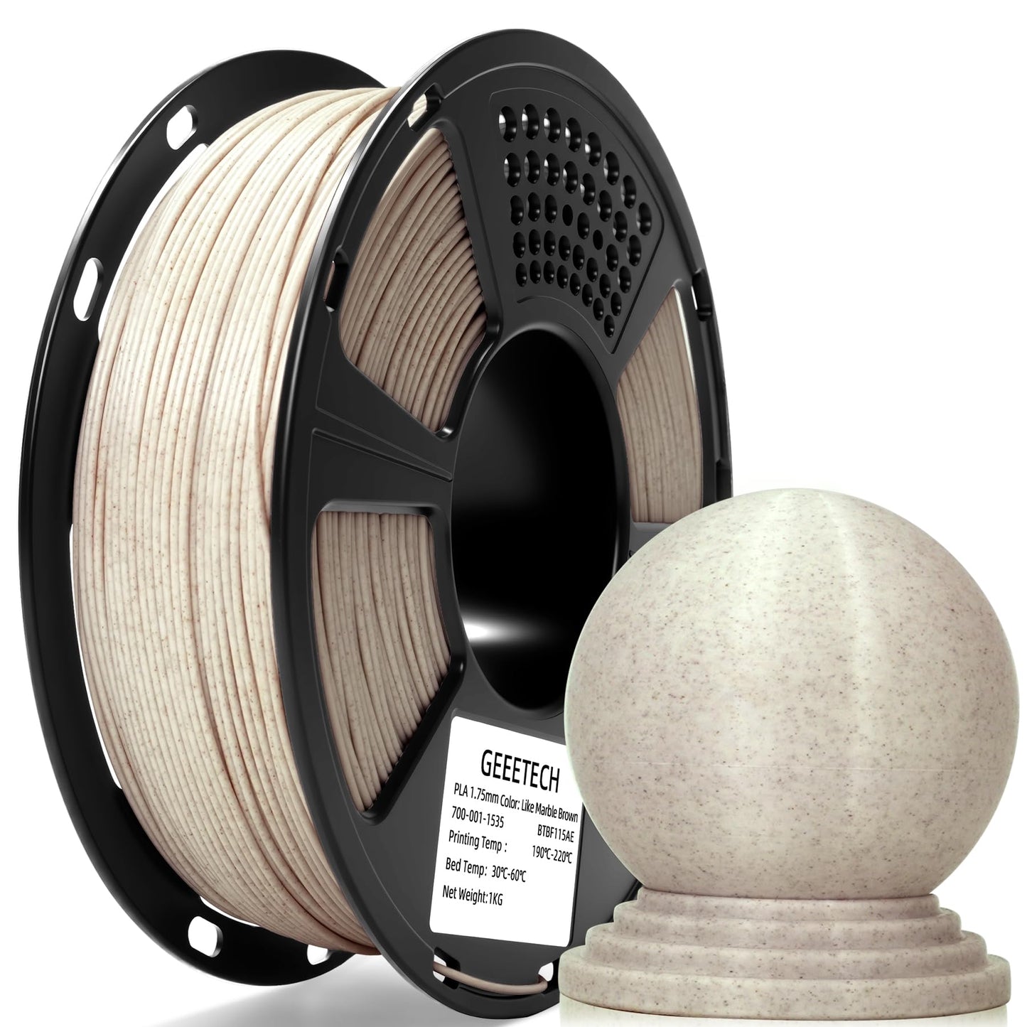 Geeetech Marble PLA Filament, 1.75mm 3D Printer Filament 1kg(2.2lbs), Dimensional Accuracy +/- 0.02 mm, Marble White-Brown Stone