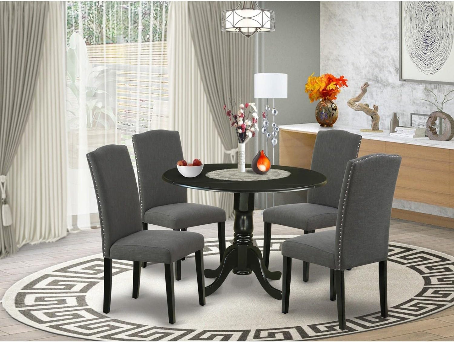 East West Furniture DLEN5-BLK-20 5 Piece Dining Set Includes a Round Dining Room Table with Dropleaf and 4 Dark Gotham Linen Fabric Upholstered Parson Chairs, 42x42 Inch, Black