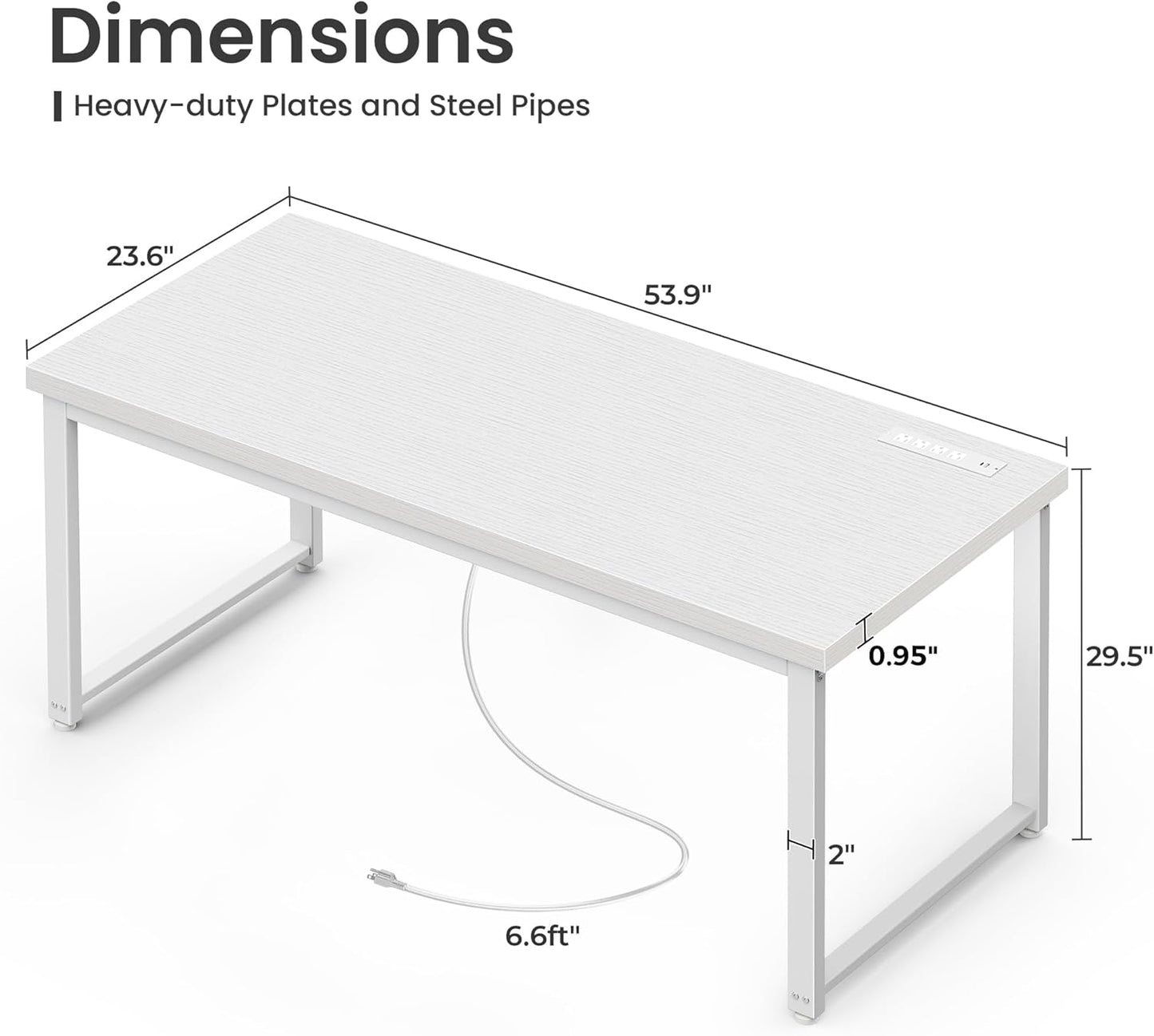 Huuger 55 x 24 inch Desk with Power Outlets & USB-C, Deeper & Thicker Desktop, Robust Metal Tubes, Computer Desk, Heavy Duty Office Desk, Work Gaming Desk for Home Office, White
