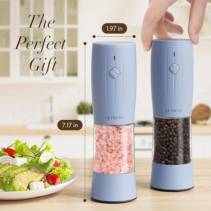 Ultrean Pepper Grinder, Rechargeable Salt and Pepper Shakers, Automatic Grinder for Kitchen,6 Adjustable Coarseness, LED Light, Christmas Gifts, Sky Blue