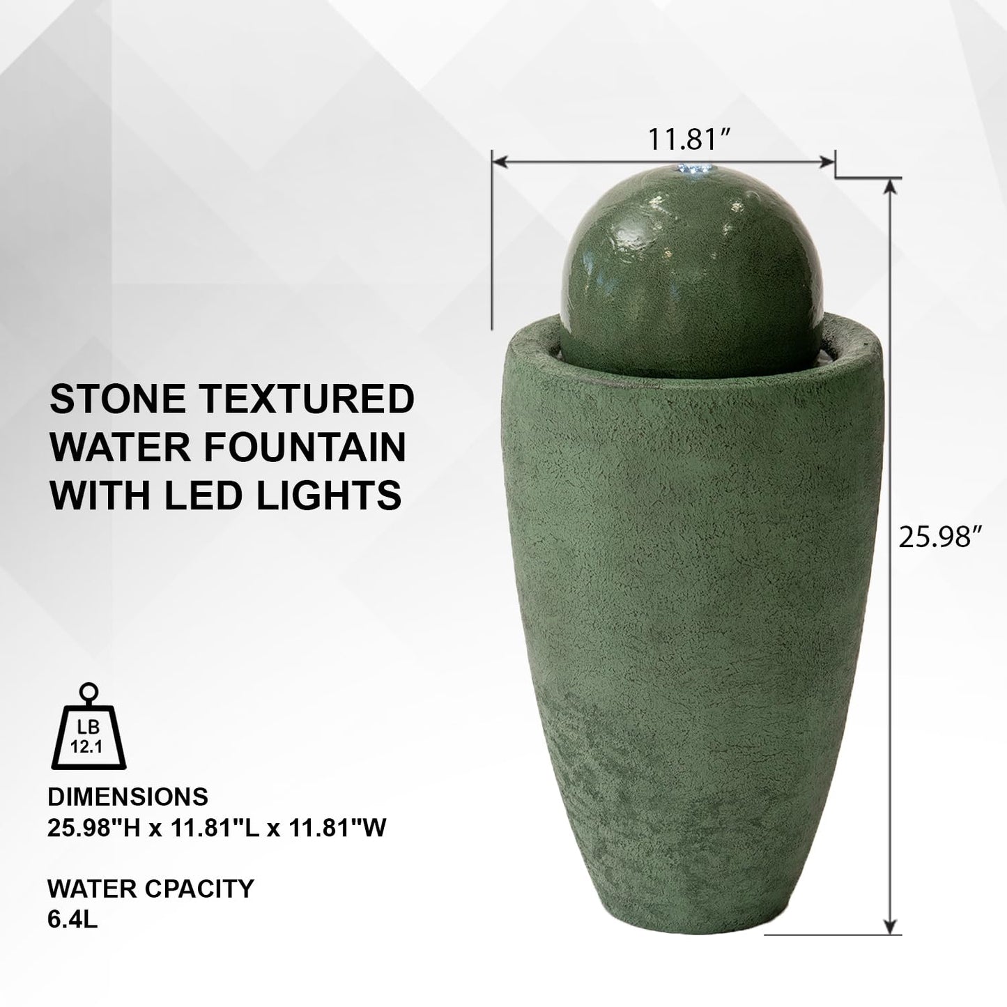 XBrand 26" Modern Sphere Water Fountain with LED Light – Indoor Outdoor Stone Texture Floor Fountain, Zen Bubbling Ball Water Feature for Garden Patio Porch - Green