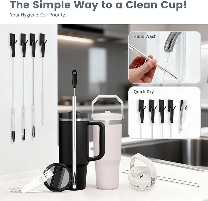 Straw Cleaning Brush Set, 4 Sizes (6/8/10/12mm) + 3-in-1 Lid Brush, 15-Inch Long Handle for Thorough Reach, Fits Most Reusable Cups and Straws for Home & Travel Use, Black