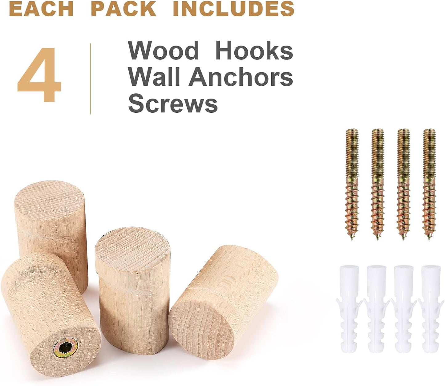 Wood Wall Hooks, 4 Pack Natural Wooden Coat Hooks Wall Mounted, Rustic Hat Hooks, Heavy Duty Entryway Wall Hangers for Hanging Purse, Towels, Clothes, Backpack