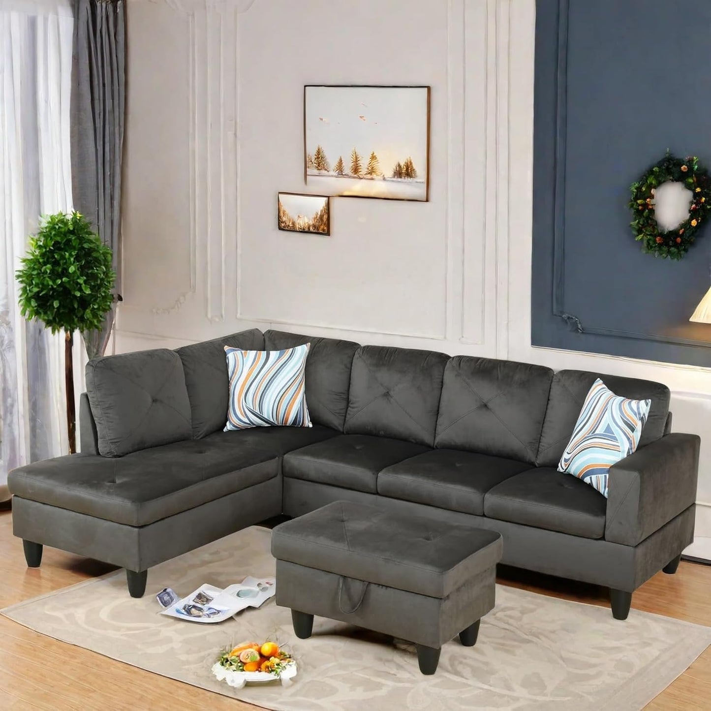 L Shaped Sectional Couch with Otttoman, 97" Sectional Sofa for Living Room Flannel Modular Couches with Cup Holders for Bedroom, Apartments, Grey