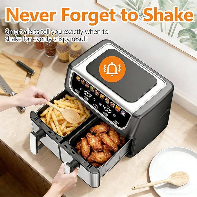 Simple Deluxe 9.5-Qt Dual Basket Air Fryer, 10-in-1 Digital Preset Airfryer, Sync Cook, Independent Temp Control, Shake Reminder, Nonstick Basket, Black