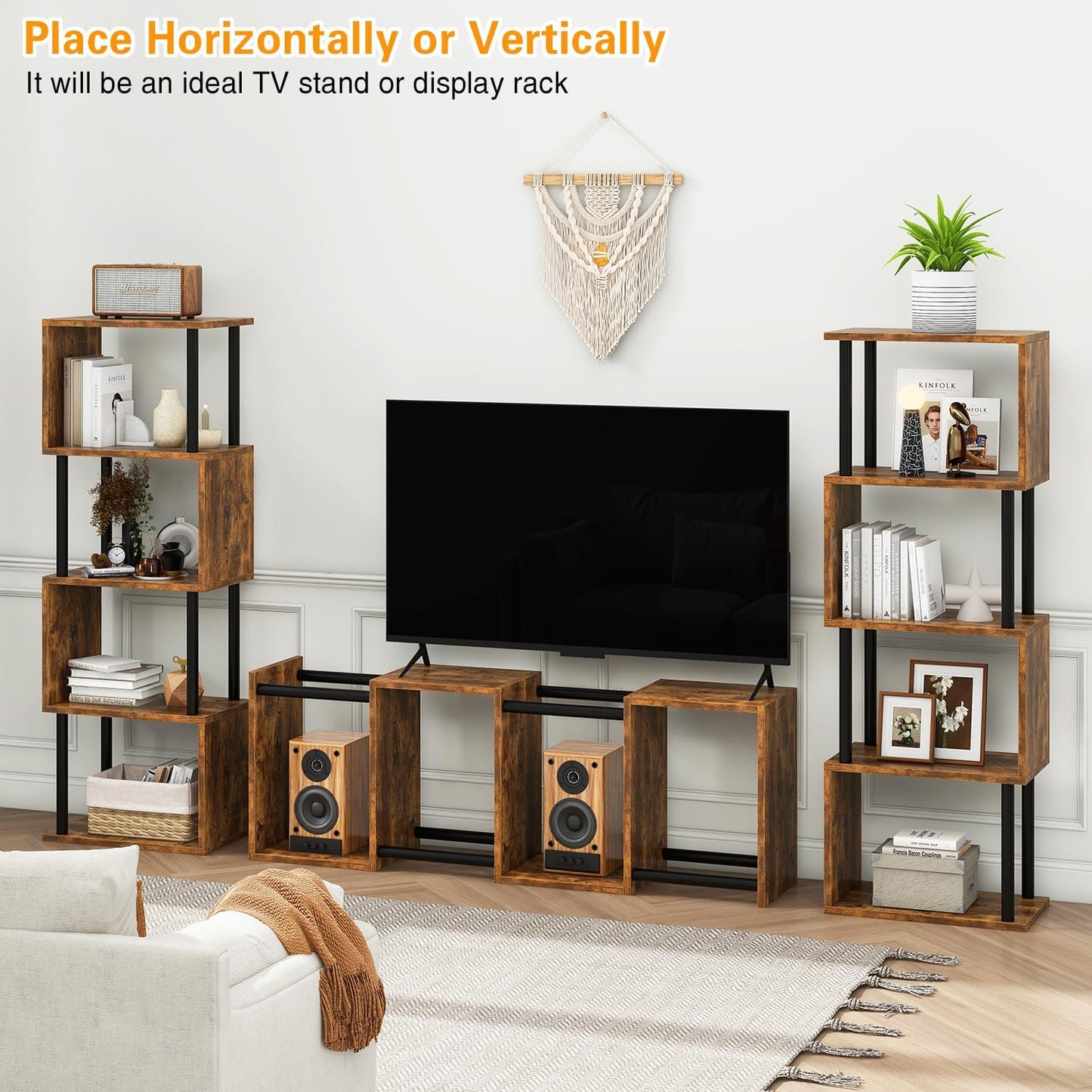 IBUYKE 5-Tier Tall Bookshelf,S-Shaped Geometric Bookcase, Wood Display Shelves with Storage,Industrial Bookshelf for Living Room Bedroom, Home Office, Rustic Brown WBC015H