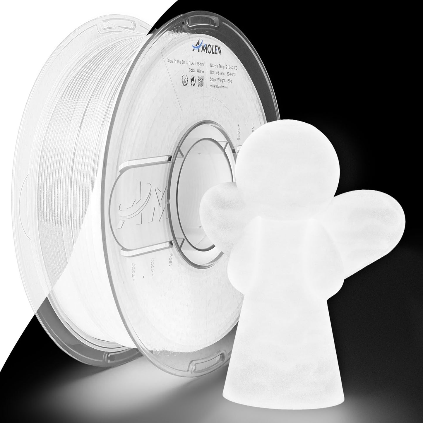 AMOLEN 3D PLA Printer Filament, 1.75mm Glow in The Dark White PLA Filament for 3D Printing, Best with UV Lamps, 1kg Spool (2.2lb