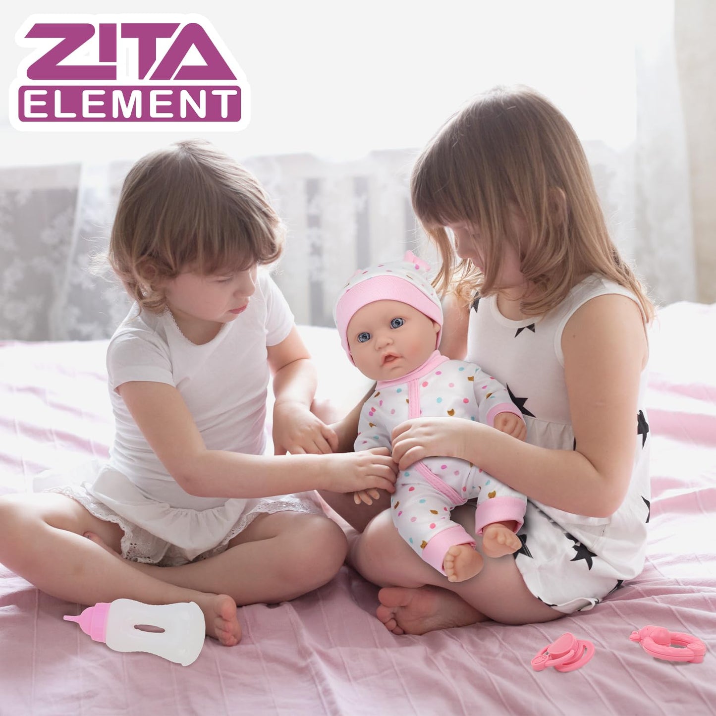ZITA ELEMENT 12 Inch Baby Doll with Accessories for Baby Doll Reborn Includes Carrier Bassinet Bed, Pacifier, Blanket, Pillow, Feeding Set, New Born Doll Playset for Toddlers 3 Ages and Up