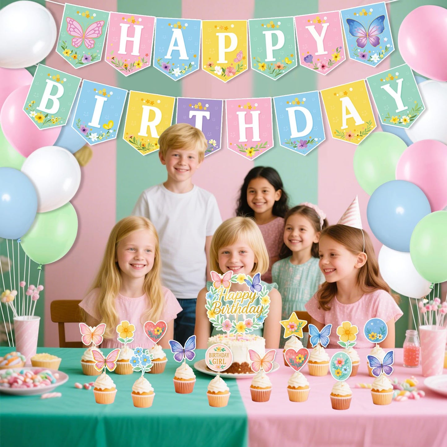 Butterfly Birthday Party Decorations for Girls Women, Spring Birthday Party Decorations - Pastel Spring Happy Birthday Banner, 24 Balloons, Butterfly Cake Topper & 24 Cupcake Toppers