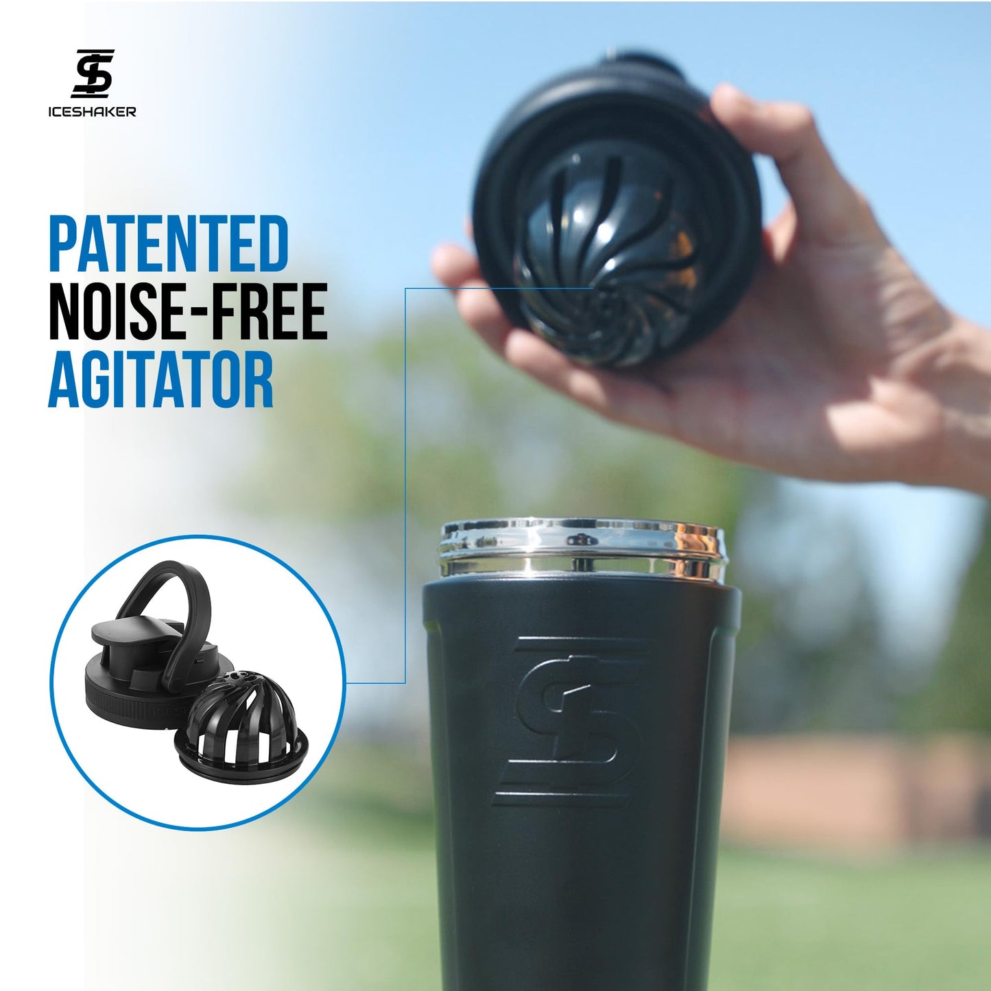 Ice Shaker Insulated Stainless Steel Shaker Bottle | 26oz, Black | Cold for 30+ Hours | Insulated Cup with Twist-on Agitator | Odor-Free Bottle for Protein Shakes, Water, Smoothies, Cocktails