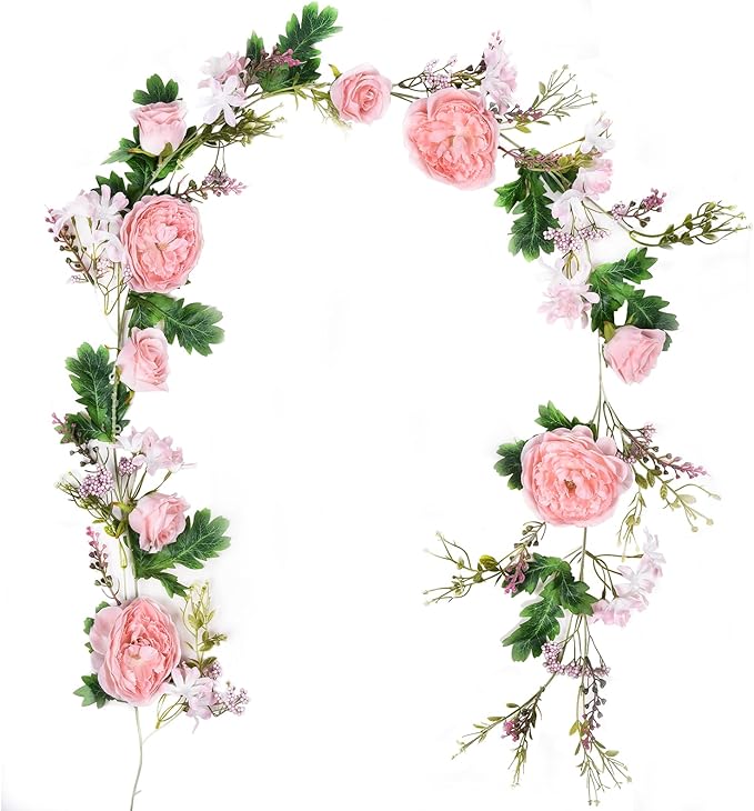 2 Pack Artificial Peony Flower Garland - 6ft Silk Peony Garland Flower Vine Pink Peony Silk Roses Flowers for Wedding Arch Party Table Decor (2, Pink)