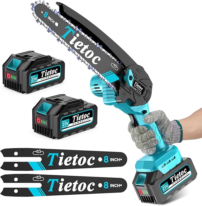 Tietoc Mini Chainsaw 8 inch Cordless with 2x 4000mAh Batteries, Battery Powerd Chain saw with Oiler, Lightweight Handheld Saw for Household & Garden, Gifts for Men, Dad, Husband, Gardener and DIYer