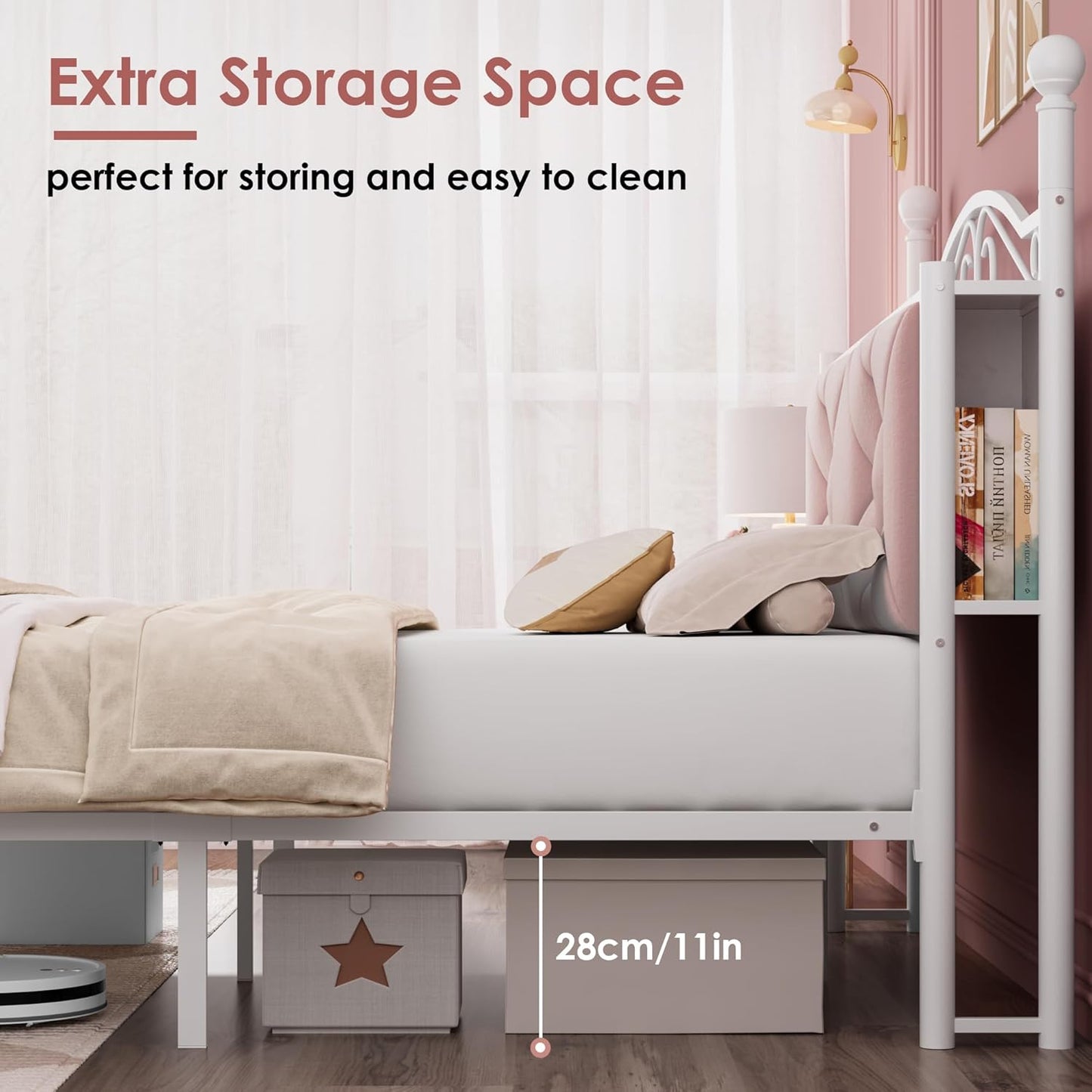 Queen Upholstered Canopy Bed Frame with 2 Drawers & Crystal Tufted Storage Headboard Two-Purpose Metal Platform Bed with 4 Removable Posts & Charging Station Pink Princess Bed, Curtain Not Included