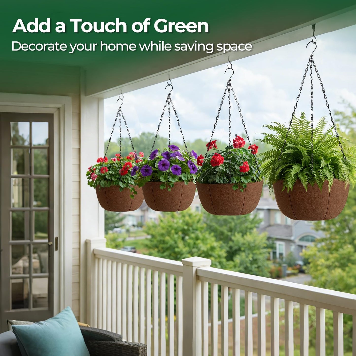 T4U Hanging Planters for Outdoor Plants, 10 Inch 4 Pack Fabric Hanging Baskets with Drainage Tray, Decorative Hanging Pots for Plants Outdoor Patio Porch Garden Use(Brown)