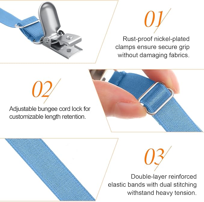 Boao 12 Pcs Bed Sheet Clips Straps Sheet Corner Straps Holder Adjustable Mattress Clips, Elastic Bed Grippers Suspender Fasteners Holder for Home(Sky Blue,4-8 Inch Length)