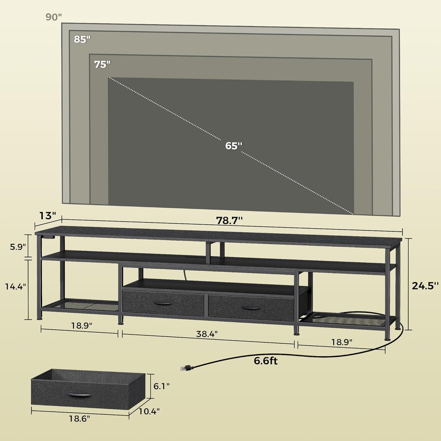 Huuger 79 Inch TV Stand for 85, 90 Inch TV, Entertainment Center with LED Lights and Power Outlets, TV Console with Drawers, Shelves, Type C, PU Leather Surface, for Living Room, Black
