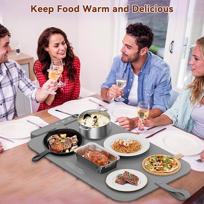 Upgrade Graphene Warming Mat for Food - Full Surface Heating, Waterproof Electric Warming Tray with 6 Temp Modes & 6H Timer for Parties Countertop, Gifts for Mom (Gray)