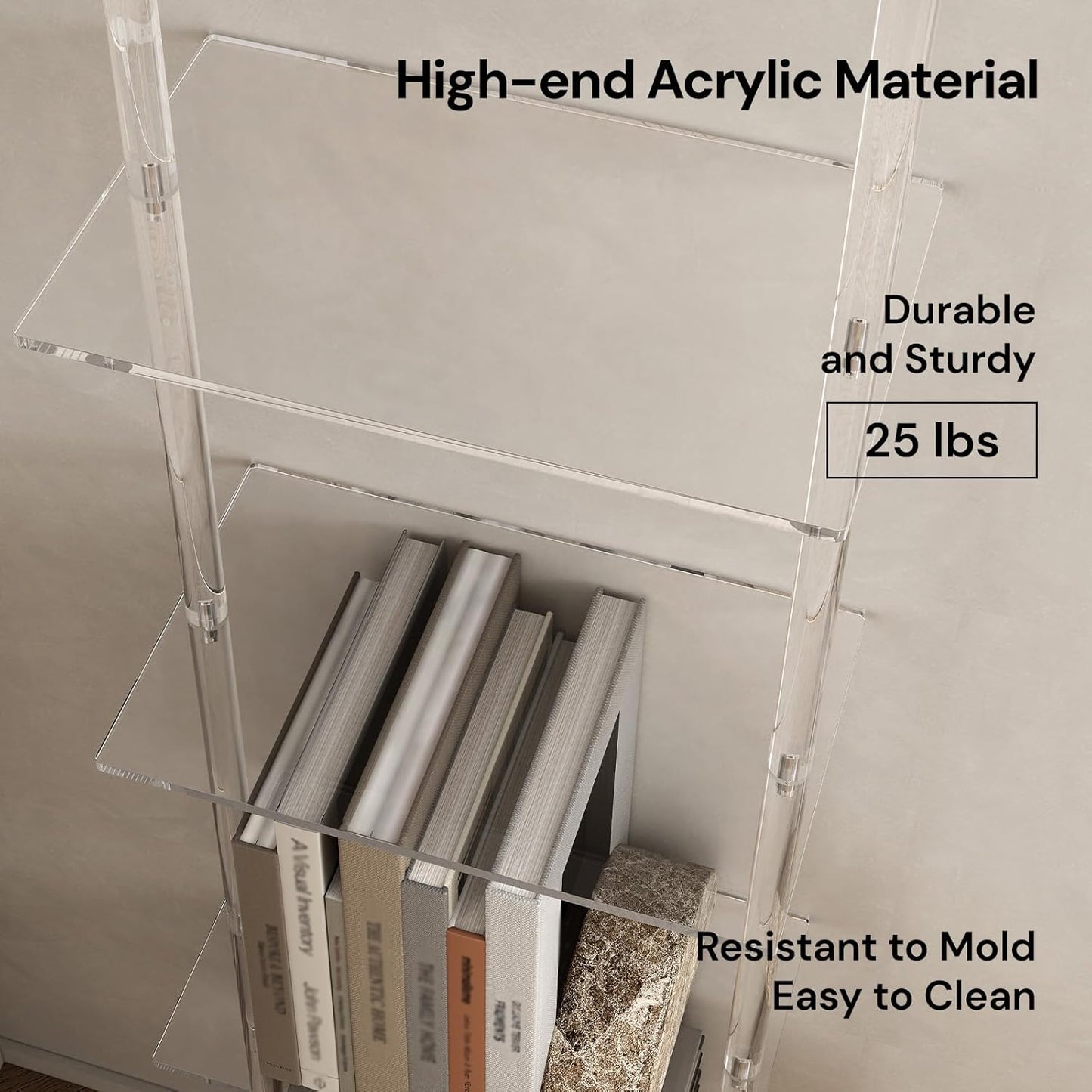 Small Acrylic Ladder Bookshelf, 9.5" D x 15.6" W, 5-Tier Clear Wall Mounted Book Shelf for Small Spaces, Multipurpose Bookcase for Living Room, Bathroom, Office, Modern, 73" H