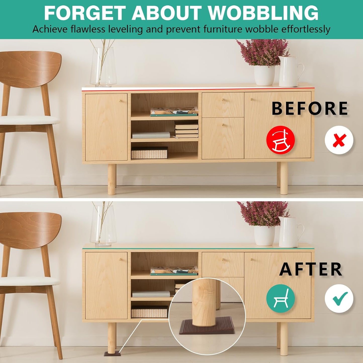 Furniture Leveler 24pcs Kit Size Variety | Multi-Purpose Rubber Shim for Leveling Feet Stable | Anti-Wobble Pad for Uneven Table, Dresser Leg, Toliet and More Furniture | Prevent from Wobbling
